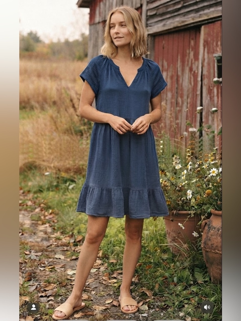 Pact Blue Tiered Gauze V-Neck Short Sleeve Dress - Size M
